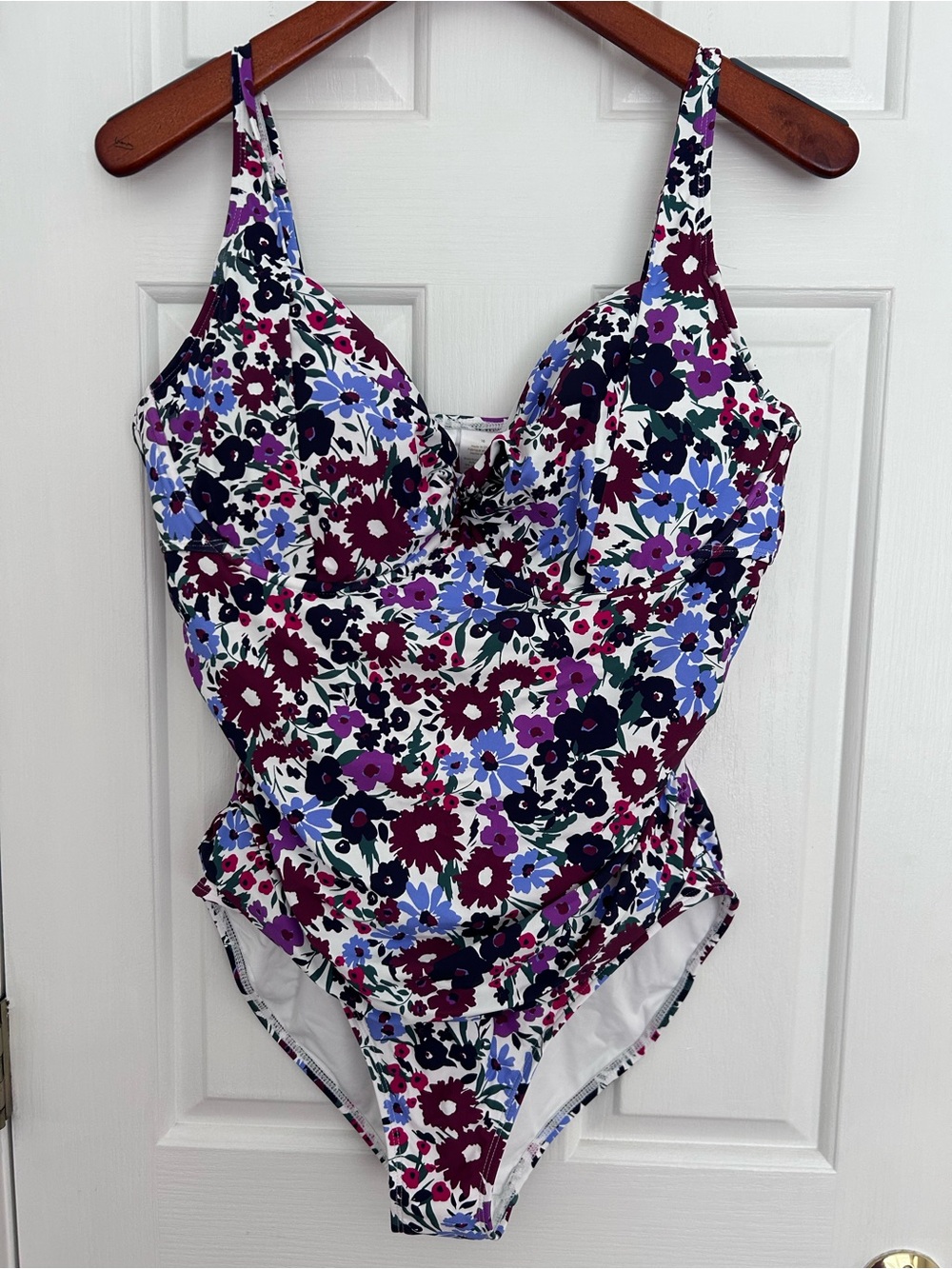 Anne Cole White Floral One-Piece Swimsuit with Purple, Blue and Burgundy Flowers